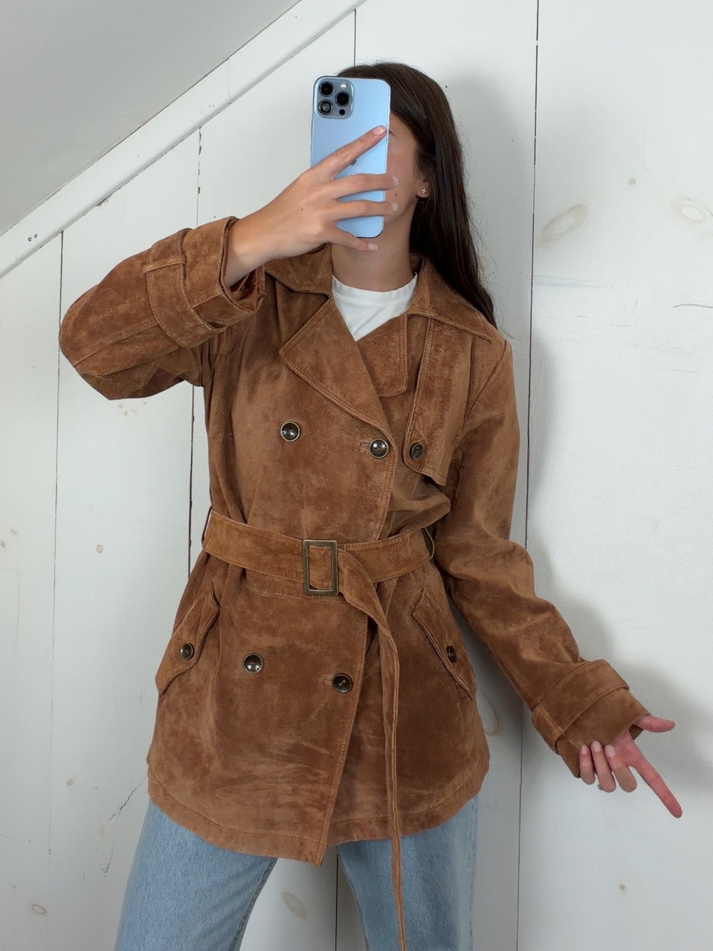 Vintage Brown Suede Double Breasted Belted Jacket Women’s L Short Trench Coat